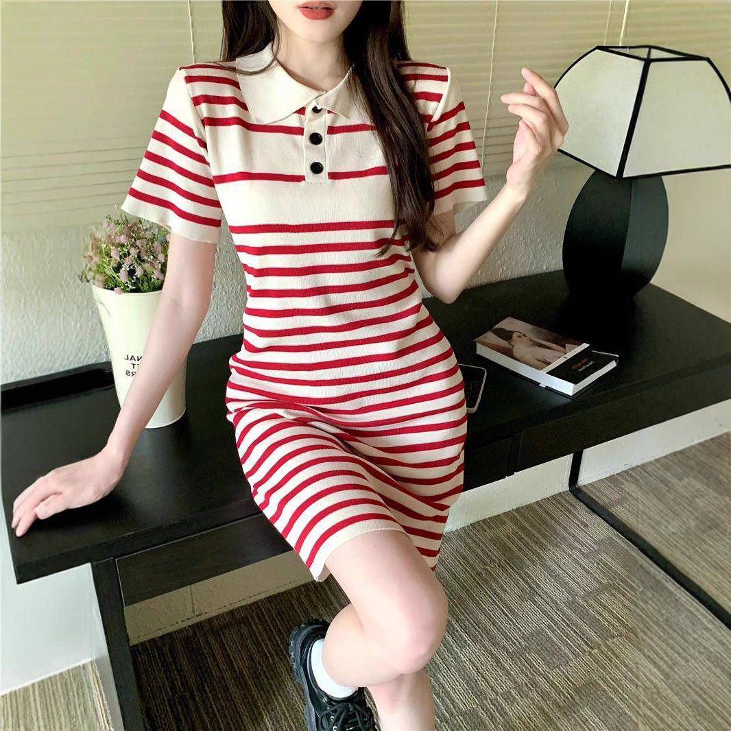 Hong Kong Style Vintage Chic Striped Polo dress Children's Summer French Knitted Short-sleeved Hip Skirt