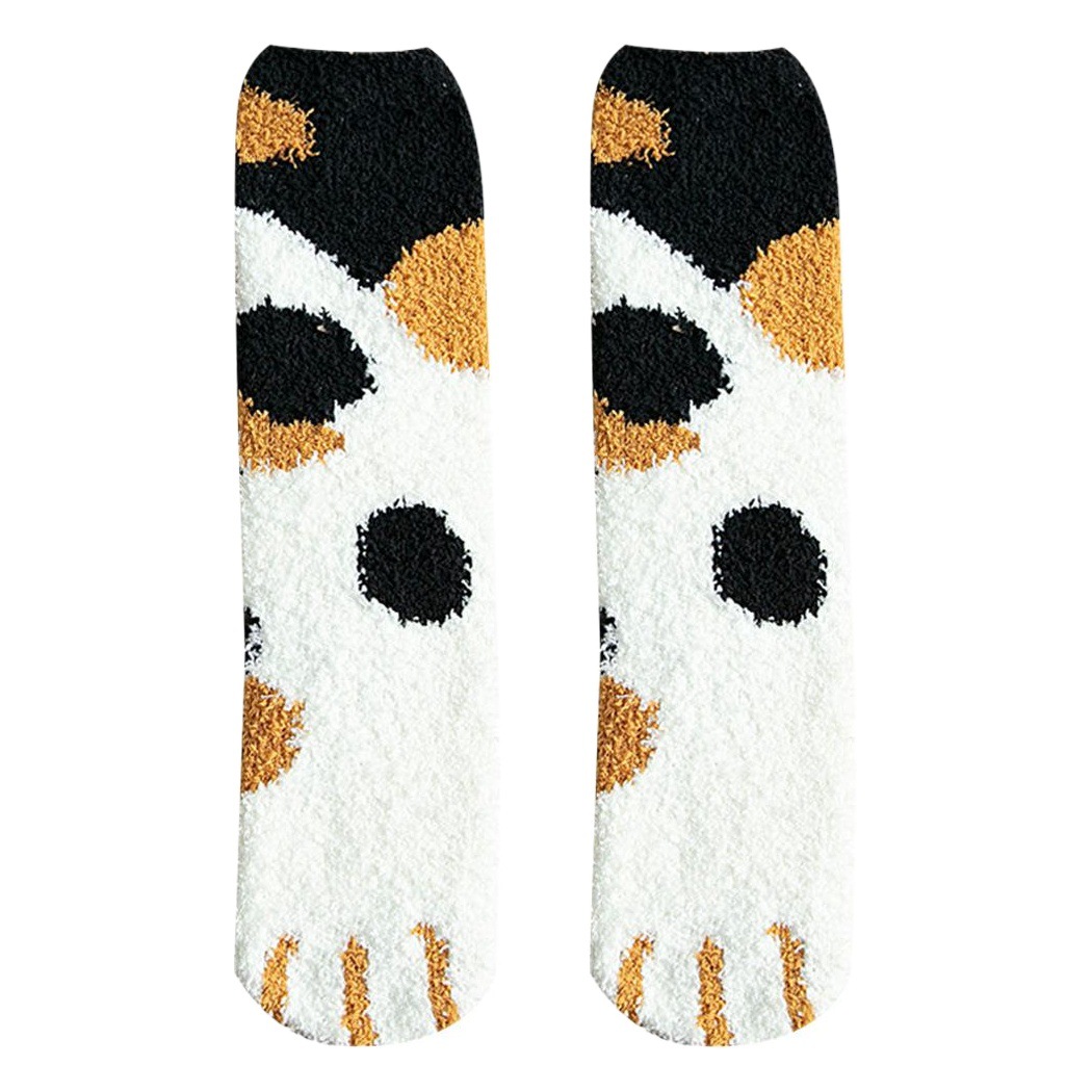 Autumn and Winter Velvet Thickened Warm Women's Socks Cartoon Cute Cat Paw Coral Fleece Sleep Socks Home Floor Socks