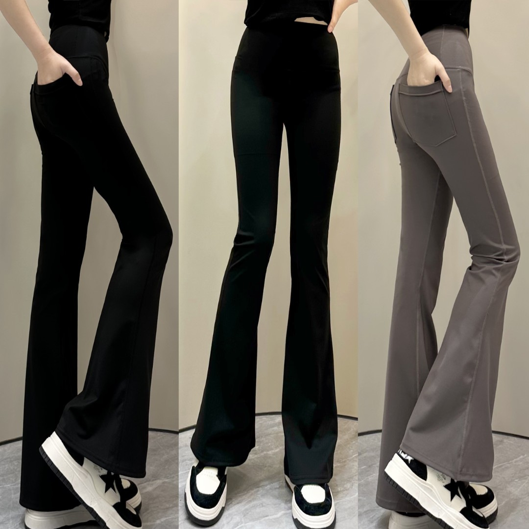 Shark Pants Slightly Flared Leggings for Women with Flap Pocket Pantss for Outer Wear, Slim Fit, High Waist, Tummy Control, Butt Lift, Nylon Pants, Flared Pants