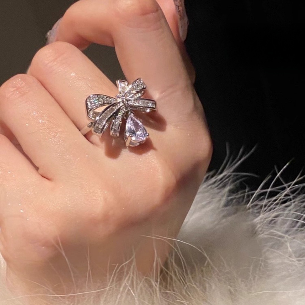 Summer Bow Water Drop Ring for Women, Three-Dimensional Sparkling Diamond, Light Luxury Texture, Niche Design, Sweet Trendy Open Ring