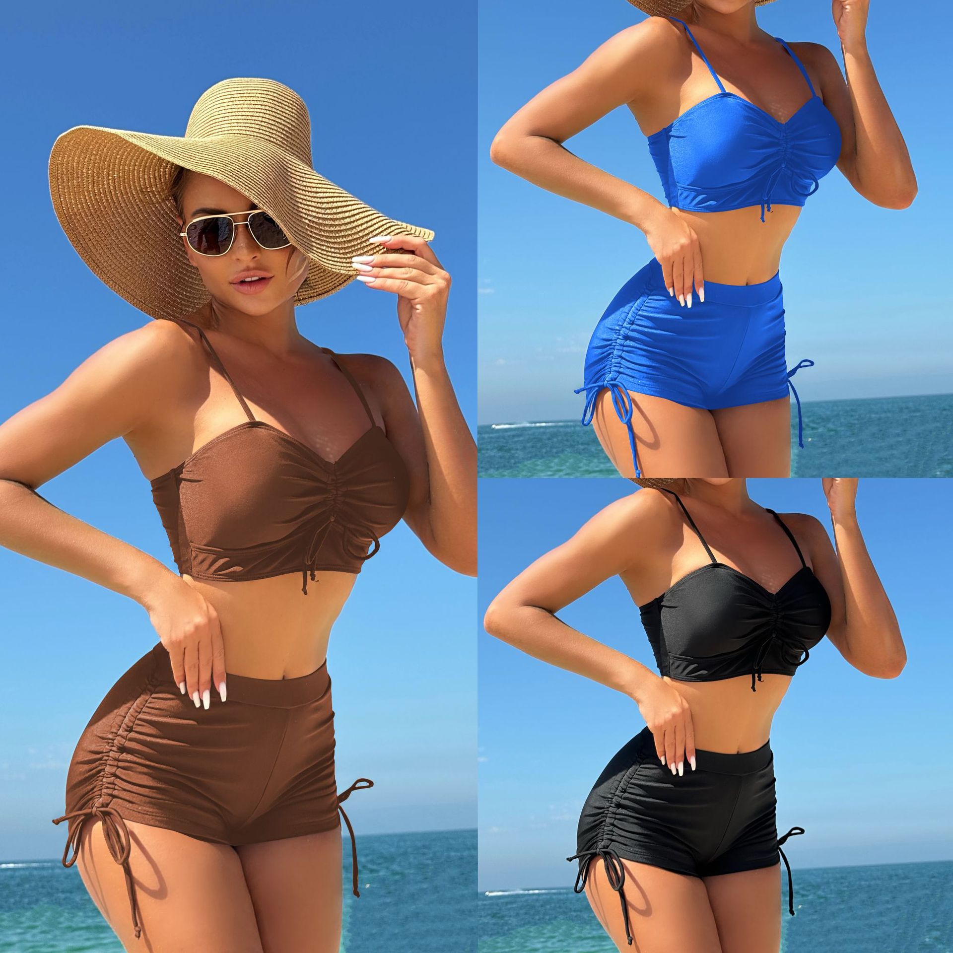 2025 European and American New Pure Color Split Conservative Boxer Briefs Chest Mid-Pants Side Drawstring Swimsuit Swimsuit Cross-Border Temu