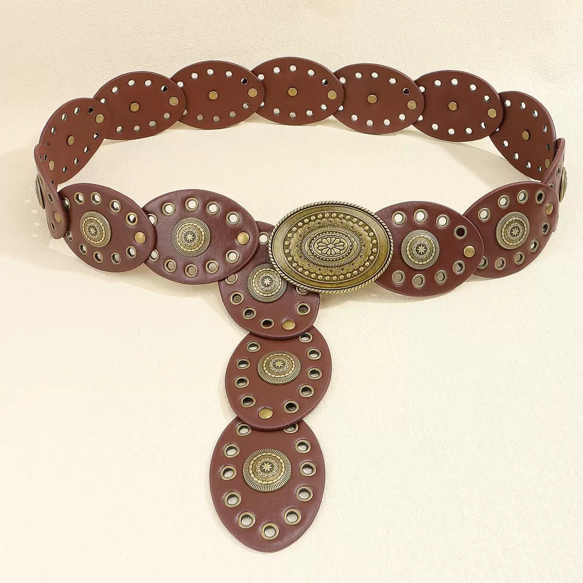 European and American style rivet disc stitching ethnic style belt women's Bohemian wear waist ring corns hole vintage belt