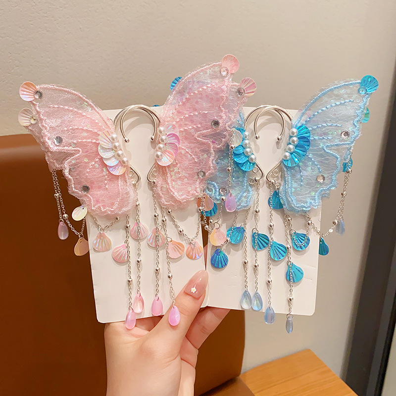 Picture of Children's Mermaid Tassel Earrings Girls Super Fairy Butterfly Shell Earrings Little Girl Princess Elf Earrings Accessories
