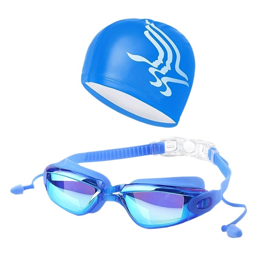 Cross-border adult men and women anti-fog plating swimming goggles silicone nose clip earplug PU swimming cap combination set 7001 bag