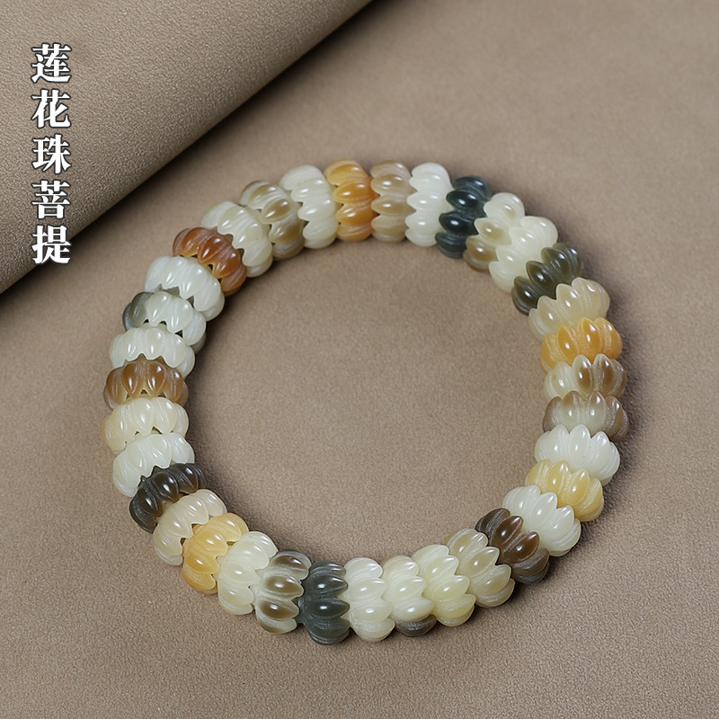 Picture of White Jade Bodhi Carving Lotus Blossom Colorful Bodhi Bracelet for Men and Women Play with Buddha Beads Soft Plate Play Bracelet