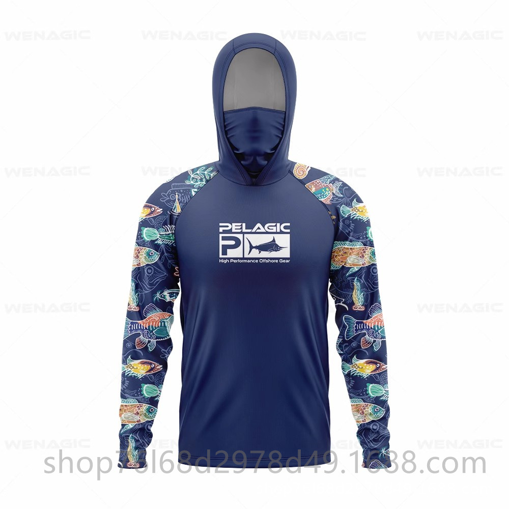 PELAGIC Fishing Clothes Ice Silk Long Sleeve Hoodie Mask One-piece Sun Protection Clothing Thin Anti-mosquito UPF50 T-shirt