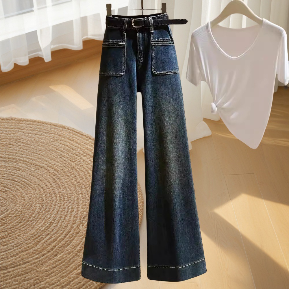 High Waist Wide Leg Jeans Women's 2024 Autumn New Retro Stretch All-match Loose Straight Slim Look Micro Flared Pants