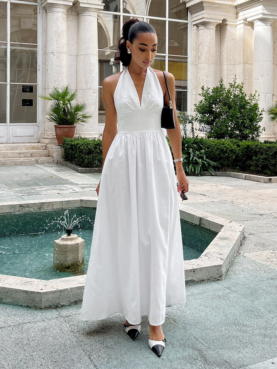 Cross-border Pure Cotton Long dress European and American 2025 Spring and Summer Waisted V-neck Strap Long Dress with Large Swing dress Women