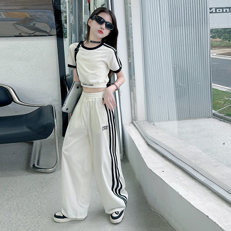 Picture of Girls' suit Summer 2025 New Children's Navel-exposed T-shirt Wide-leg Pants Casual Sportswear Two-piece Set