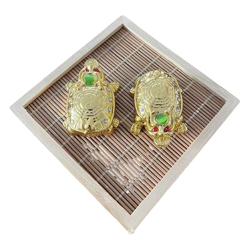 Six Alloy Golden Turtle Ornaments, Dragon Turtle with Back-Mounted Diamonds, Home Protection, Eight Trigrams Gourd, Wealth-Promoting, Chinese Style Fortune-Attracting