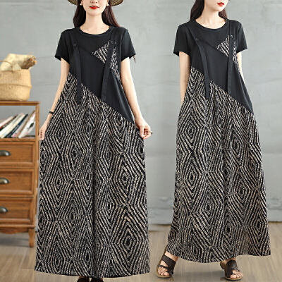 Spliced plaid suspenders women's summer thin new loose plus size wide-leg dress to cover the stomach