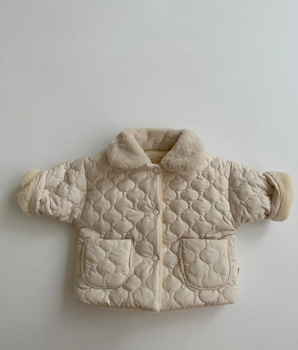 Picture of ins baby fleece-lined winter boys and girls baby clothes cardigan lapel Korean style newborn warm cotton-padded jacket coat