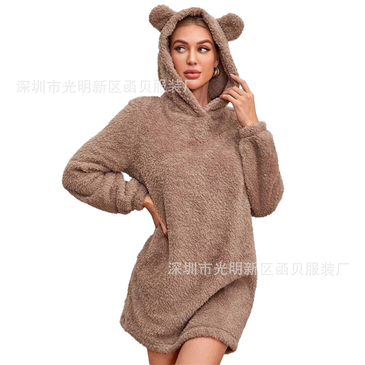 Picture of European and American Cross-border Amazon 2024 Autumn and Winter New Ear Hooded Loose Plush Long Sleeve Women's Wei Skirt Coat