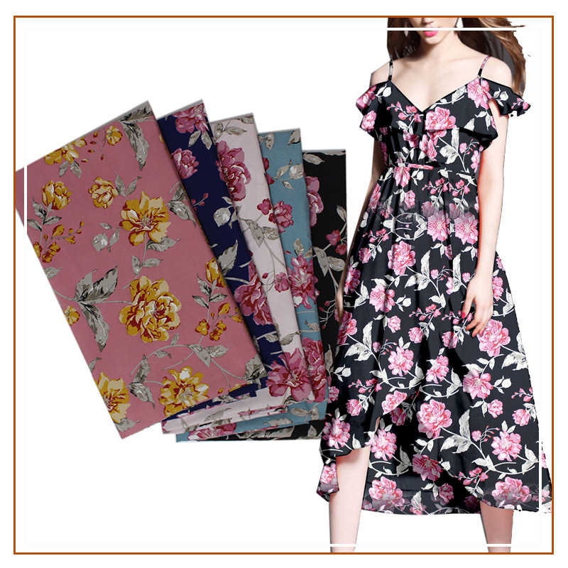 Four-sided printed single European and American large flower fabric dress shirt pajamas chiffon fabric polyester multi-color fabric