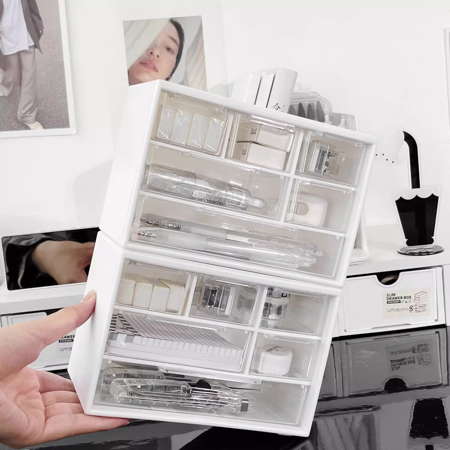 Picture of Desktop Drawer Type Transparent Storage Box Student Stationery Box Organize Simple Style Transparent Drawer Type Light Luxury Box