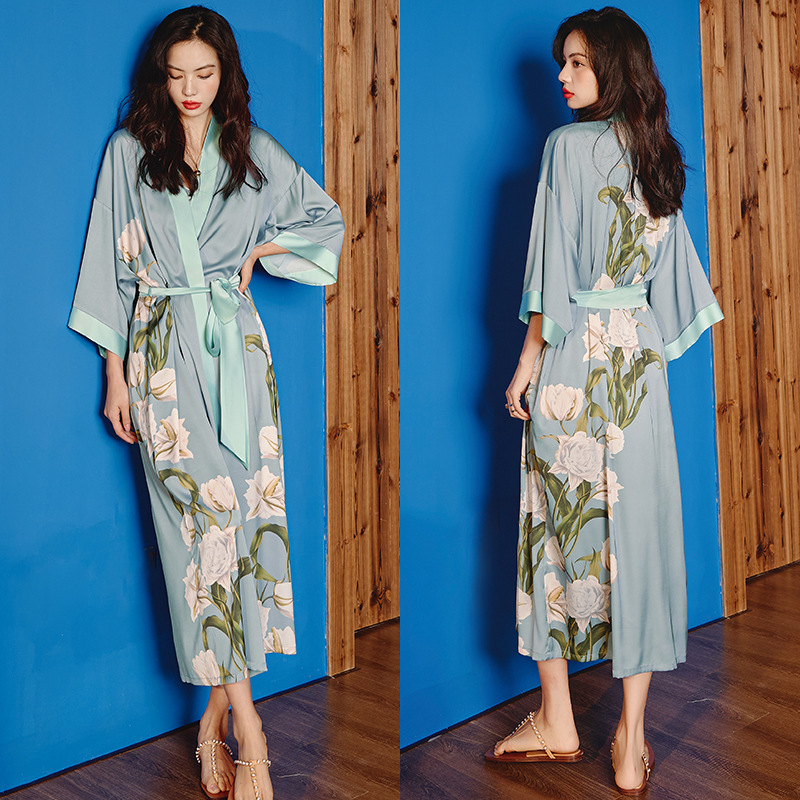 Picture of Yaoting Satin Printed Pajamas for Women Summer Large Size Accessible Luxury Three-Quarter Sleeves Cool Long Nightgown Home Wear Women Wp2669