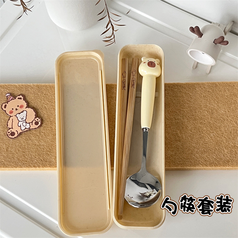 Picture of Ceramic Handle Cute Cartoon Skin Spoon Chopsticks suit Portable Tableware Cartoon Spoon Fork for Students
