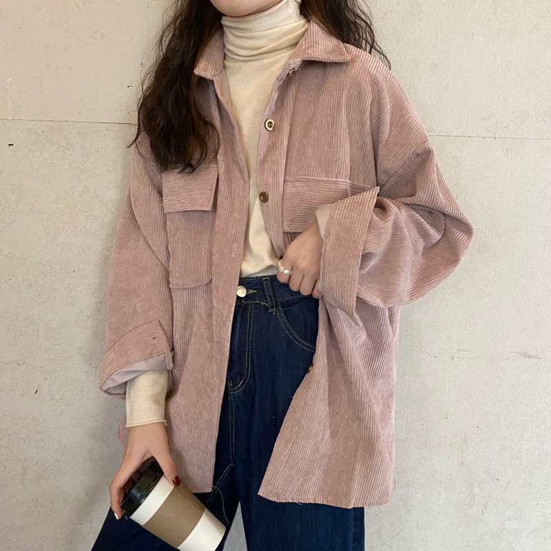 Corduroy Coat Women's Retro Spring and Autumn Fashion All-match New Korean-style Ins Student Loose Long-sleeved Top