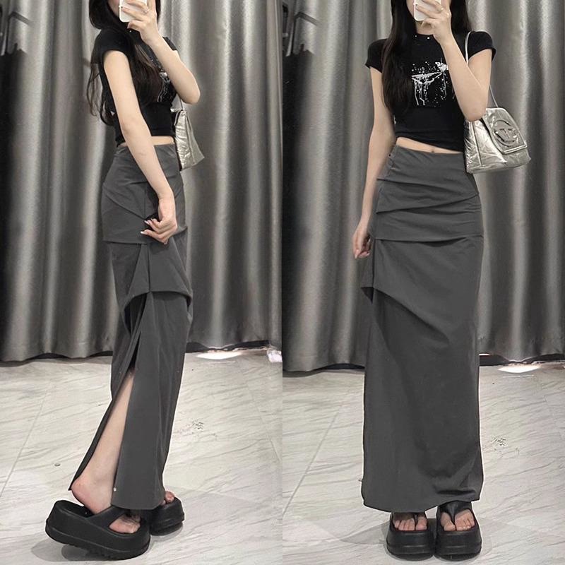 dark gray Workwear Skirt Women's High Waist Autumn plus size chubby girl Belly Covering Slimming Split Mid-length Hip Skirt