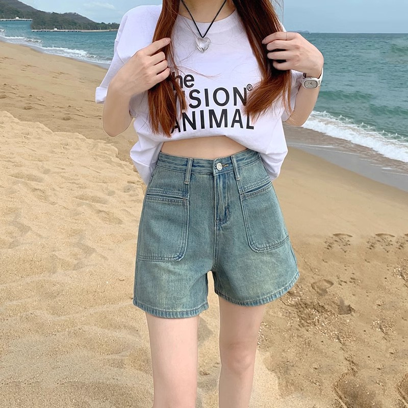 light blue Washed Retro A- shape Denim Shorts Women's Summer New High Waist Slimming Loose Wide Leg All-match Hot Pants