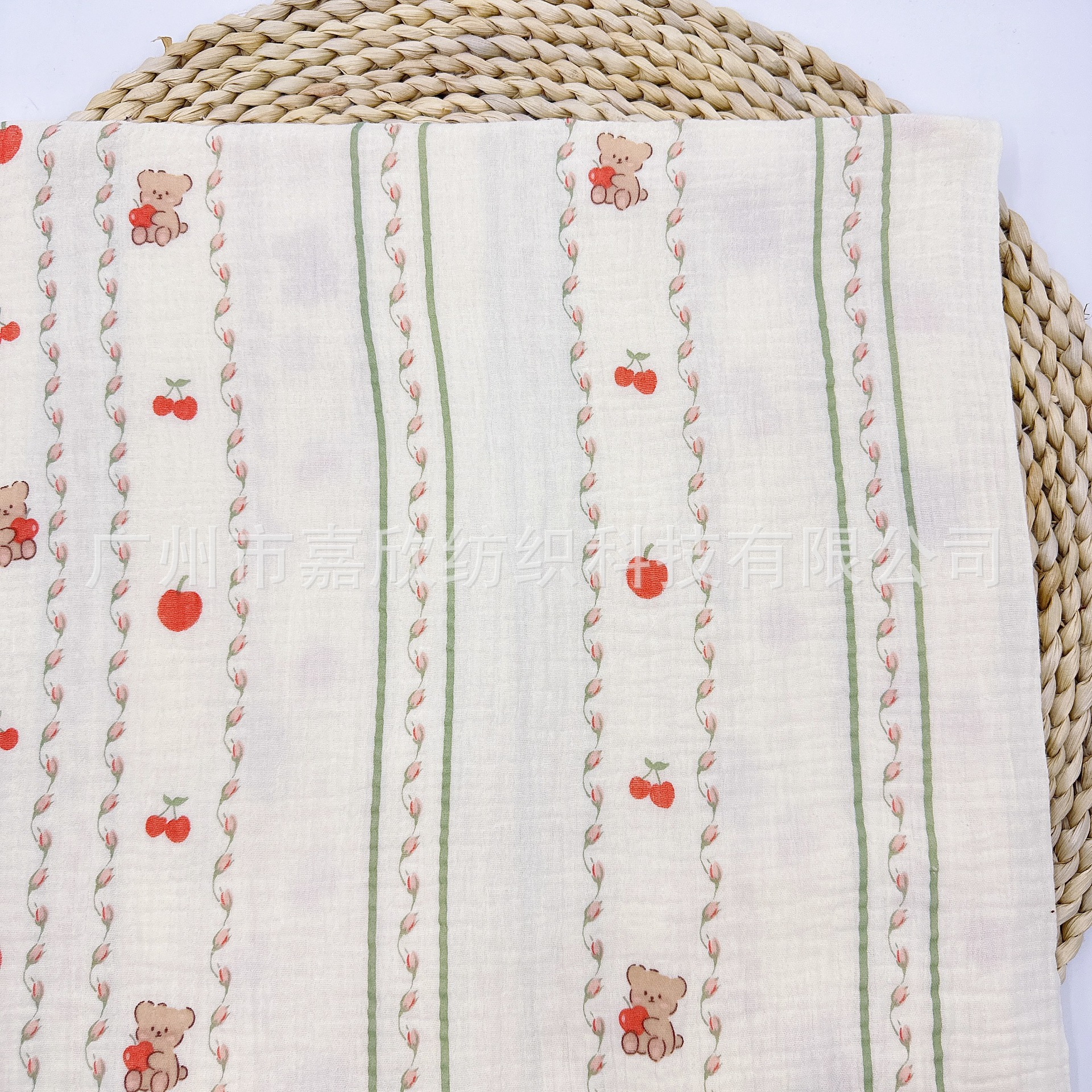 Cotton Double Gauze Muslin Printed Cherry Bear Fabric Baby Gauze Children's Clothing Pajamas Blanket Fabric