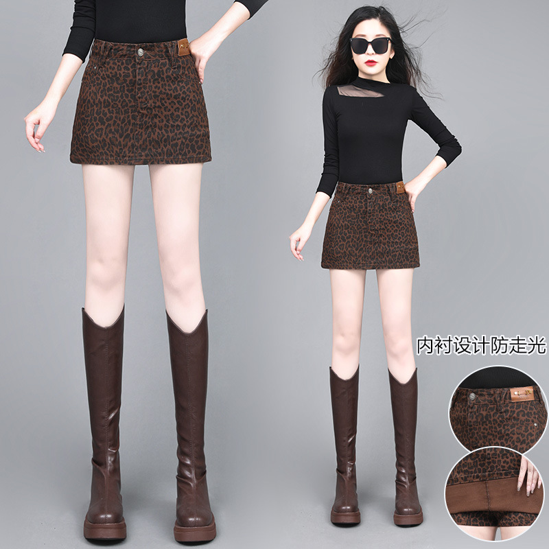 Picture of American Retro Spice Girl Leopard Print High Waist Denim Skirt 2024 Autumn New Belly Covering Slim A- line Skirt