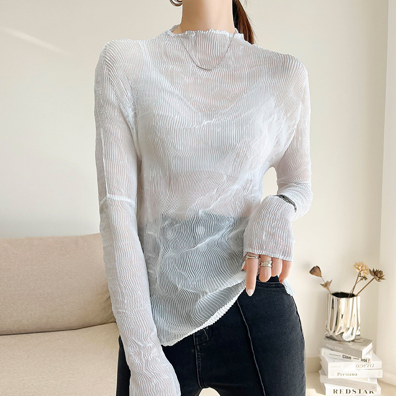 Picture of Miyake Ultra-thin Perspective Top Base Shirt Women's Spring and Summer Long-sleeved Sunscreen Western Style All-match Pleated Top Inner Shirt