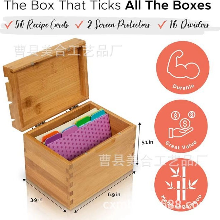 Picture of Bamboo Flip-Top Recipe Card Wooden Box Kitchen Countertop Recipe Storage Box Multi-Purpose Partition Flat Cardboard Box