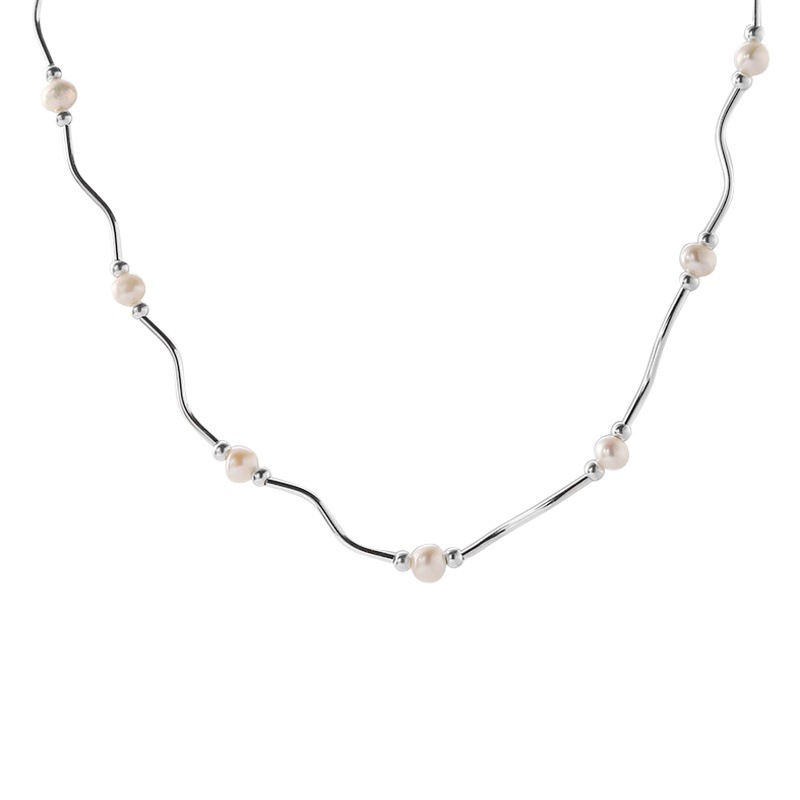 S925 Sterling Silver Pearl Round Beads Segmented Stitching Necklace Women's Simple Niche Design Personalized Clavicle Chain N1077C