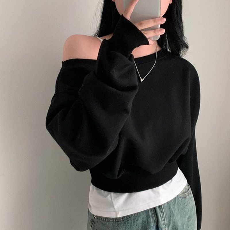 Picture of Thin Pure Color Bottoming Shirt, Elegant One-Line Collar, Off-Shoulder Loose Casual Top, Feminine Short Long-Sleeved Sweatshirt for Women