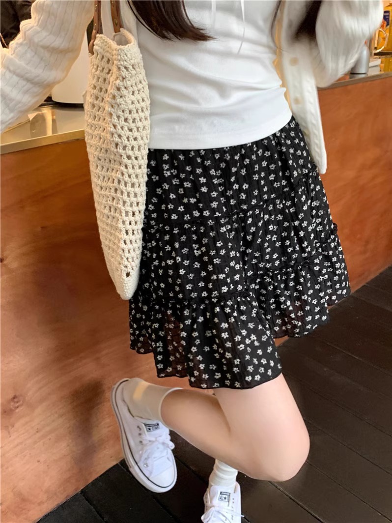 Black Floral Skirt Women's Summer 2024 New Style Elegant Cake Skirt Skirt Small A- line Skirt Short Skirt