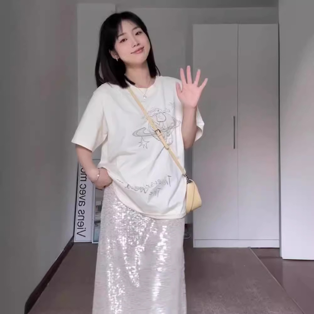 Picture of Free Printed Shoulder Short-sleeved T-shirt Women's Summer Thin Korean Style Design Sense Niche Loose Modal Top Trendy