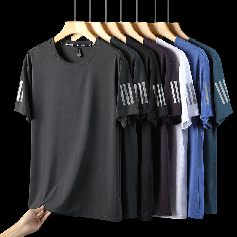 Manufacturers sell summer ice silk short sleeve T-shirt men's running sports leisure stretch half sleeve top men's breathable quick-drying T-shirt