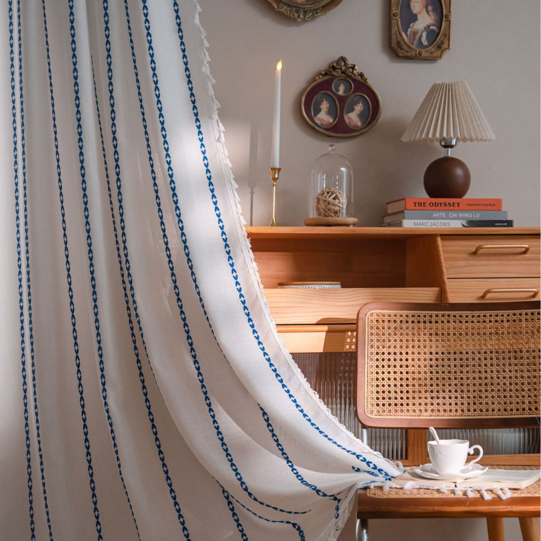 Yuman Qiyun Curtain Finished Striped Embroidered Blue Solid Color Contrast Kitchen Curtain Country Style Semi-Shaded Bay Window
