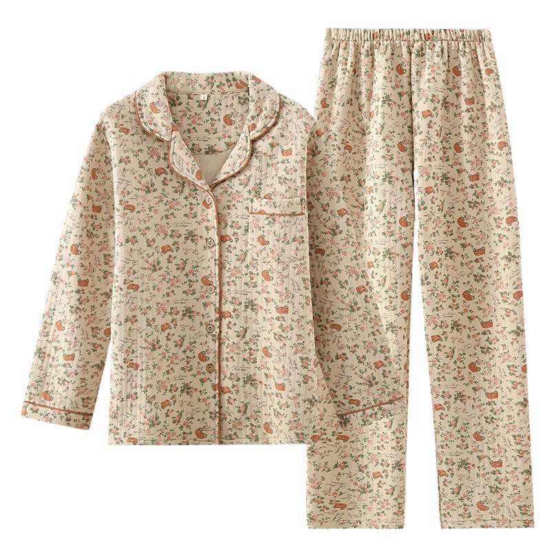 Quilted pajamas autumn and winter women's lapel quilted long sleeve retro loose pajamas home wear can be worn outside Japanese style