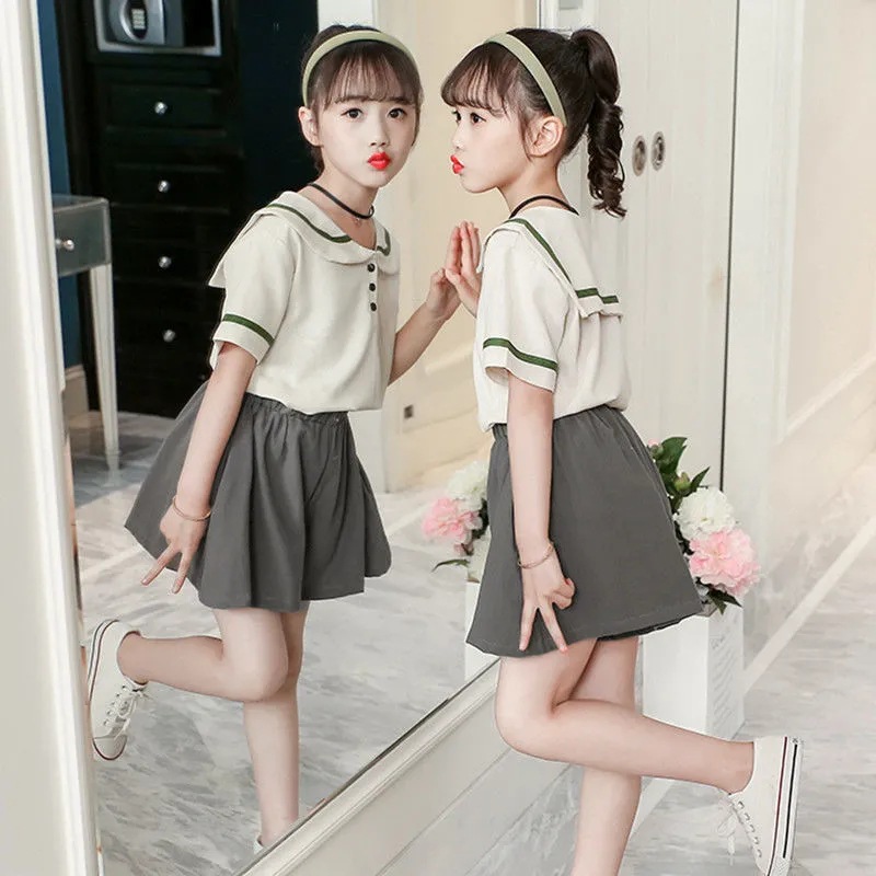 Girls' summer clothes suit new online celebrity children's baby girls' short-sleeved shorts two-piece set primary and secondary school students' sports suit