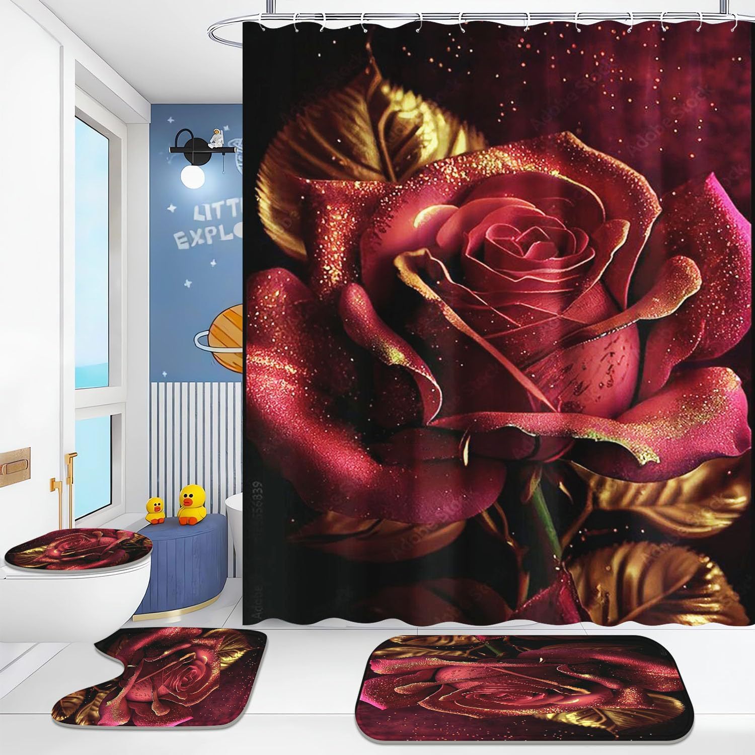 Picture of Cross-border supply non-perforated waterproof shower curtain bathroom partition bathroom thickened printed hanging curtain manufacturers wholesale