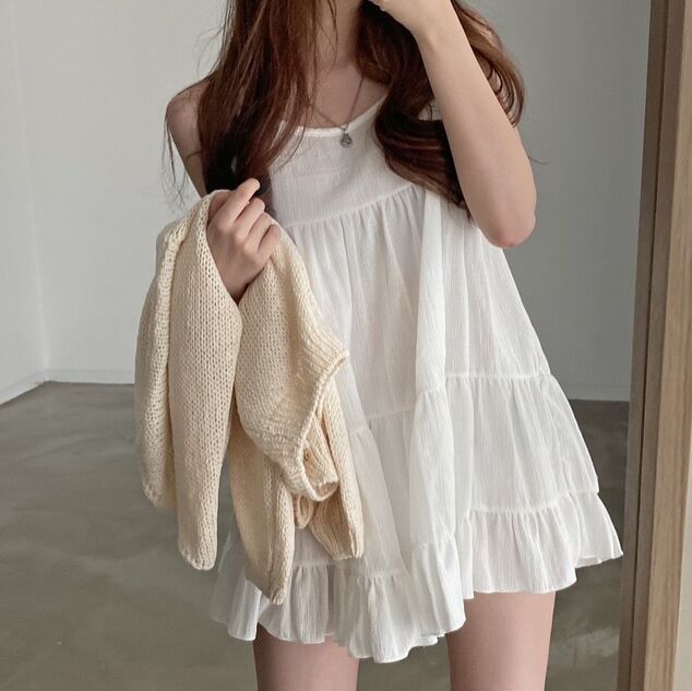 Korean Chic Summer Niche Age-Reducing Round Neck Loose Ruffled Sleeveless Chiffon Vest Doll Dress Short Skirt