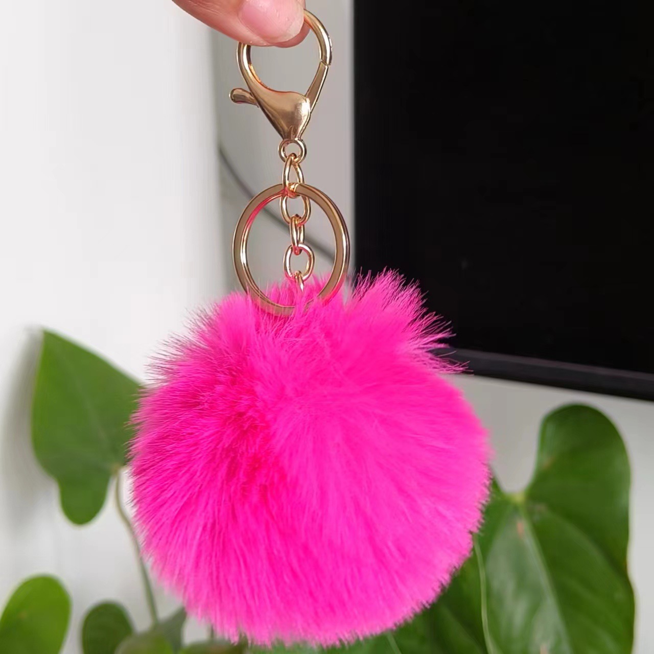 Picture of Spot 8cm imitation rex rabbit fur ball key chain net red fur ball doll bag pendant gift schoolbag girl heart
