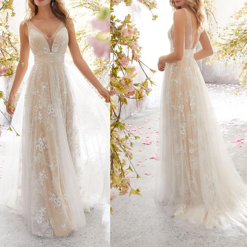Picture of 2025 Spring European and American Export New Wedding Dress Wish Amazon Sexy V Neck Sleeveless Lace Wedding Dress