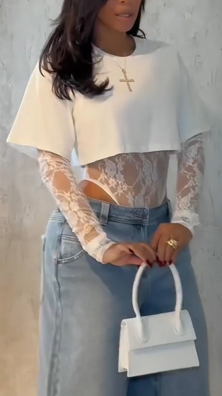 Picture of Lace T-shirt top, jumpsuit for women, crew neck long sleeve, irregular top, summer fashion women's streetwear, truly a pair