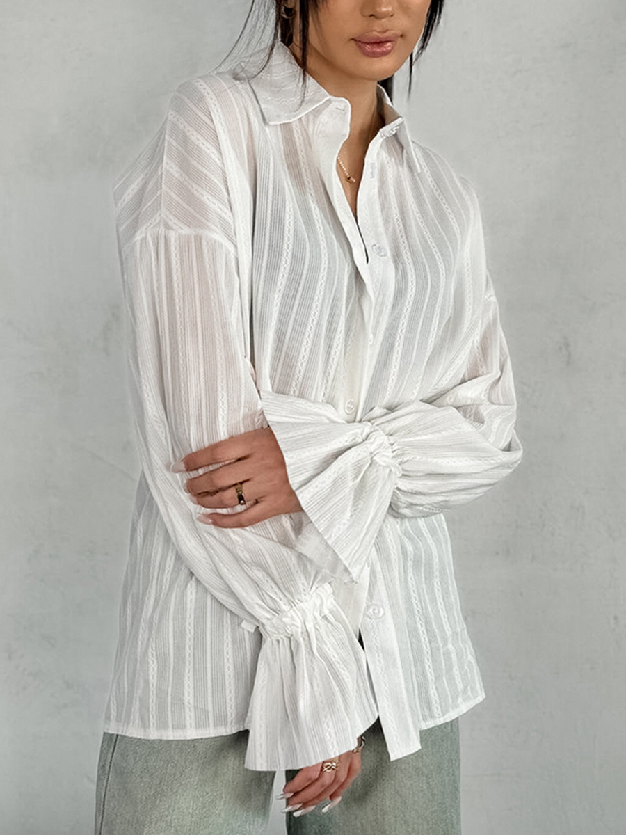 Picture of French Jacquard Pure Cotton Lapel Shirt 2025 Autum Work Clothing Loose Inner Bell Sleeve White Shirt Export Women's Clothing
