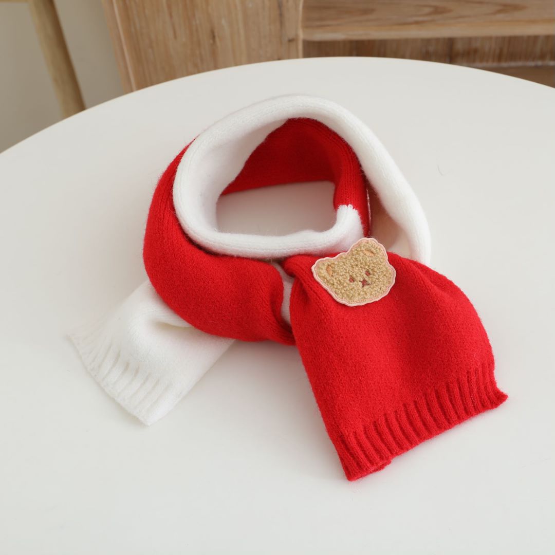Picture of Children's Woolen Scarf Korean Style Color-Blocked Stripesd Knitted Embroidered Korean Bear Cute Woolen Scarf for Boys and Girls