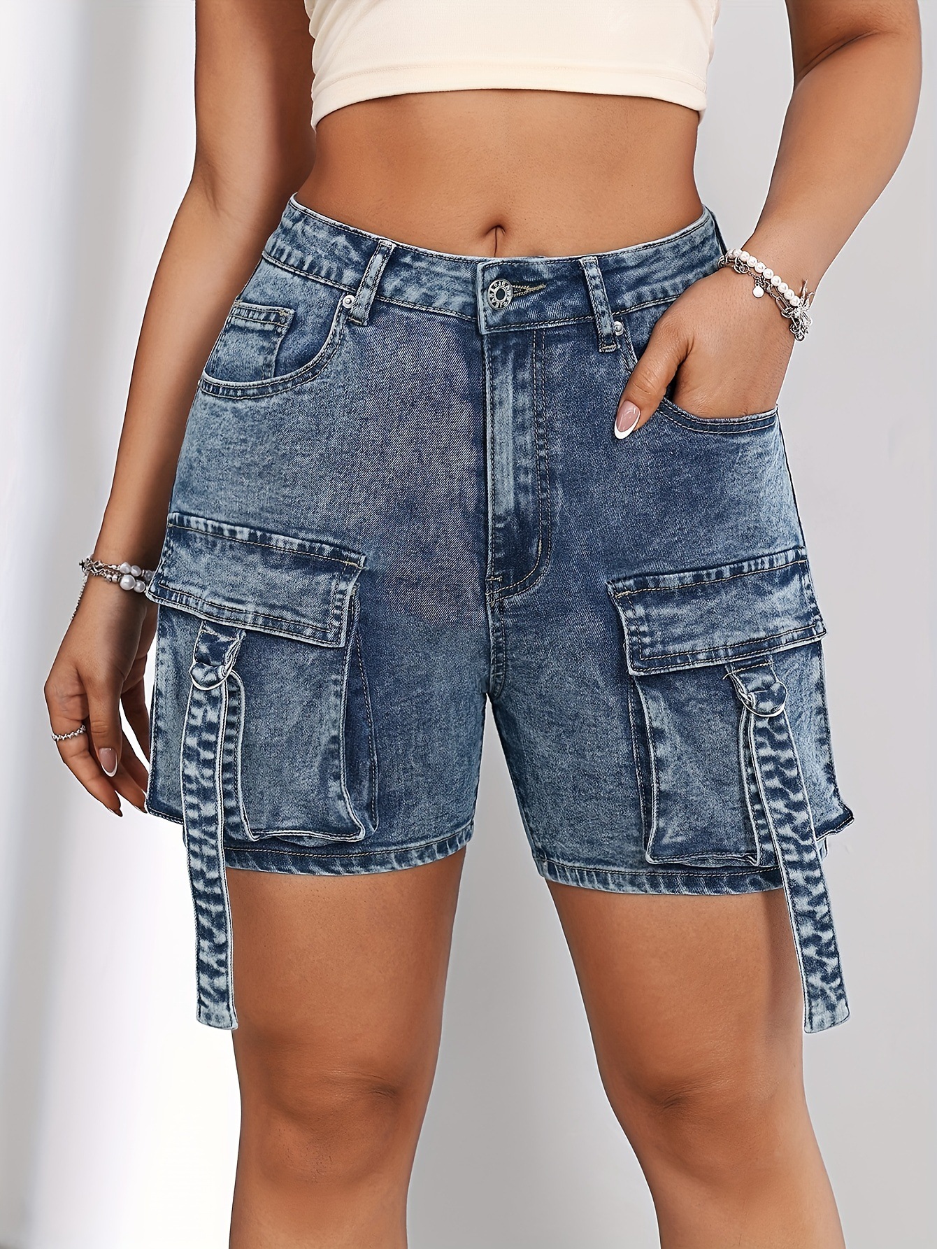 Denim High Stretch Hip Hop Tooling Large Pocket American Street 4 Shorts 18292