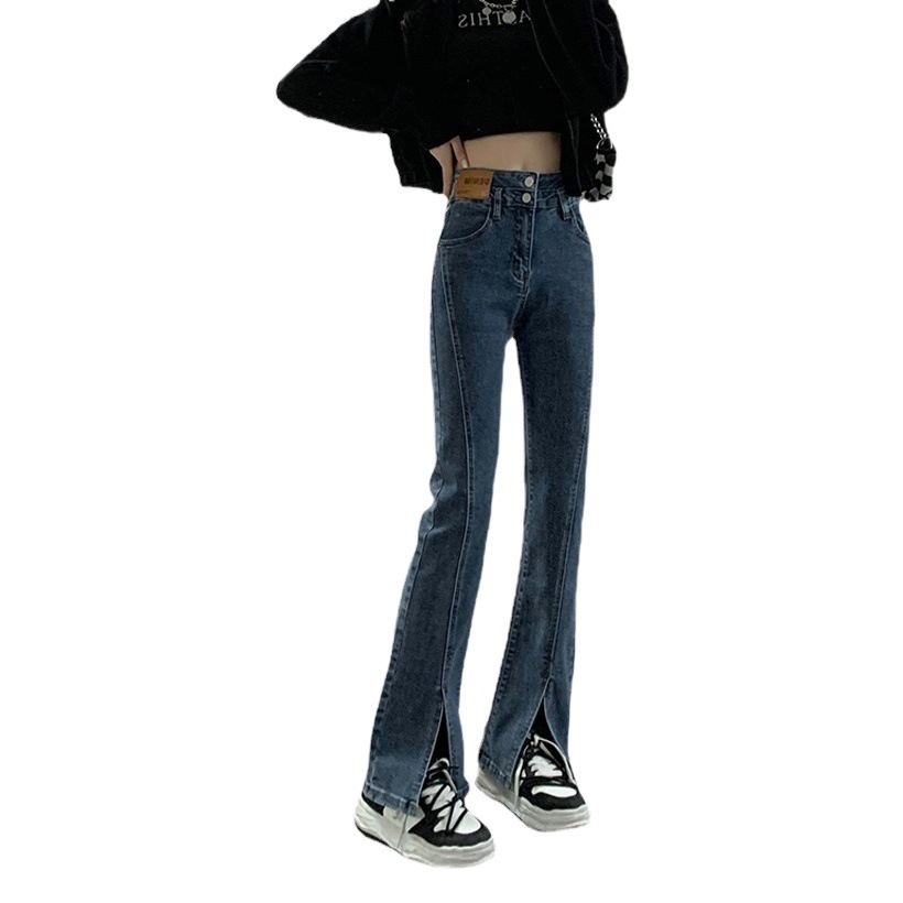High waist split retro jeans women's straight stretch slimming micro horn small draping mop pants wide leg pants