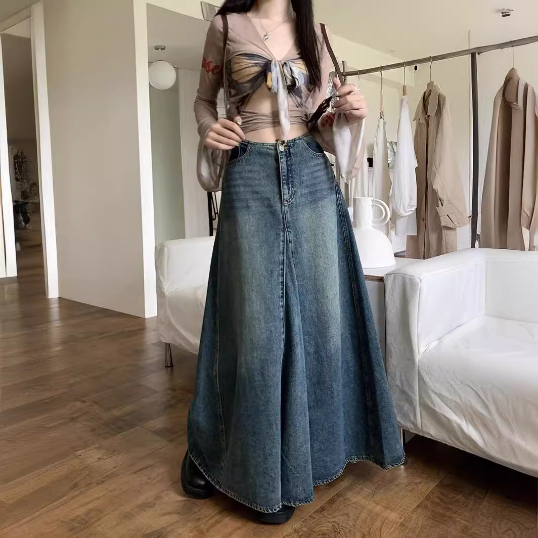 Autumn Retro Small High Waist Denim Skirt Large Swing Skirt Slimming chubby girl plus size Nostalgic Denim Half-length Skirt Trendy