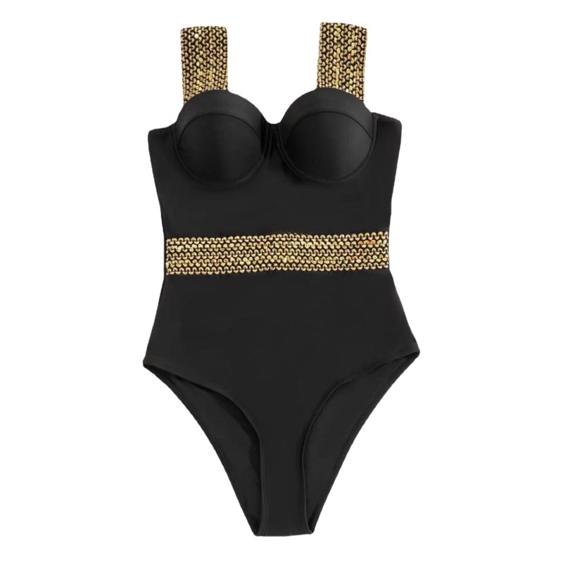 2023 European and American Swimwear One-piece SWIMWEAR Black One-piece Women's Beach Swimwear Foreign Trade Cross-border Swimwear