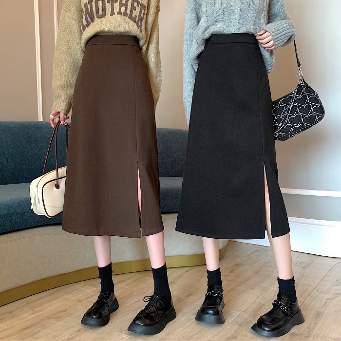 Split brown Skirt Women's Autumn and Winter 2021 New High Waist Slimming Mid-length Small Suit A- line Skirt