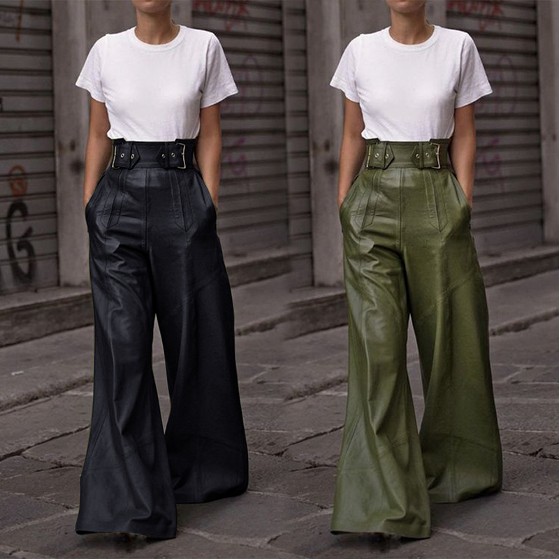 Cross-border Trade Amazon Fashion Leather Pants Women's High Waist Loose Pocket Waist PU Leather Flared Pants Casual Trousers