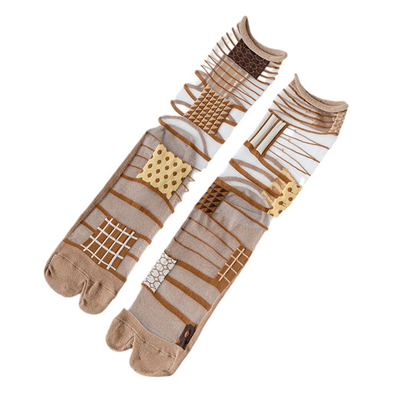 Two-toe glass stockings for women ins fashionable summer thin transparent crystal silk mid-calf length socks asymmetric AB toe socks